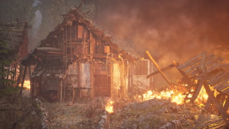 Burning-wooden-house-in-old-village
