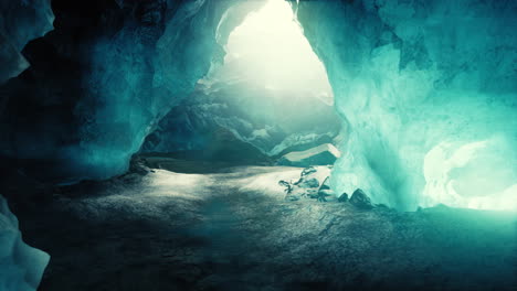 Blaue-Eishöhle-Mit-Schnee-Bedeckt-Und-Lichtdurchflutet