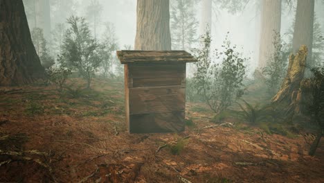 Old-wooden-beehive-in-forest-in-fog