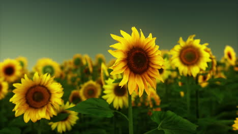 Many-bright-yellow-big-sunflowers-in-plantation-fields-on-evening-sunset