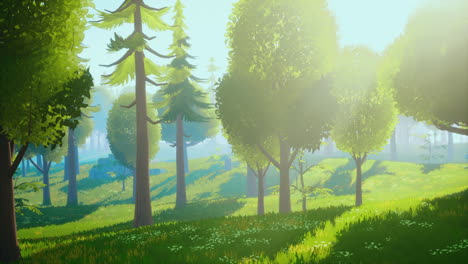 Cartoon-Grüne-Waldlandschaft-Mit-Bäumen-Und-Blumen