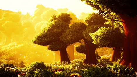 cartoon-Wooded-forest-trees-backlit-by-golden-sunlight