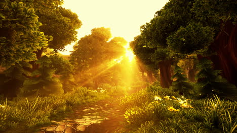 Cartoon-Bewaldete-Waldbäume-Mit-Hintergrundbeleuchtung-Durch-Goldenes-Sonnenlicht