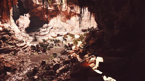 Blick-Aus-Dem-Inneren-Einer-Dunklen-Höhle-Mit-Grünen-Pflanzen-Und-Licht-Am-Ausgang