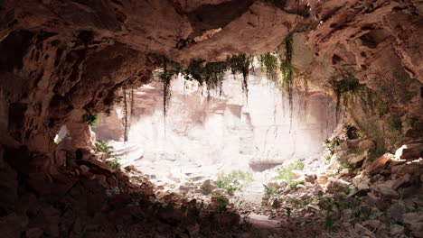 In-Einer-Kalksteinhöhle-Mit-Pflanzen-Und-Sonnenschein