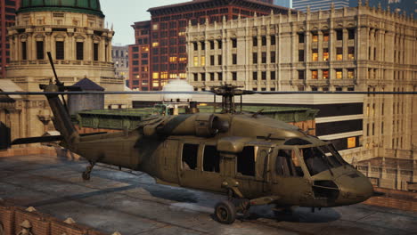 military-helicopter-in-downtown-at-sunset