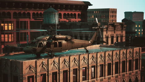 military-helicopter-in-downtown-at-sunset
