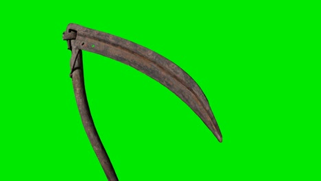 Ancient-rusted-metal-scythe-on-green-chromakey-background