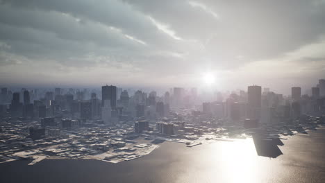 Skyline-Luftaufnahme-Bei-Sonnenuntergang-Mit-Wolkenkratzern