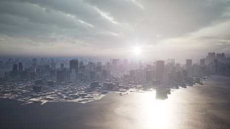 Skyline-Luftaufnahme-Bei-Sonnenuntergang-Mit-Wolkenkratzern