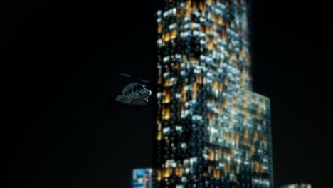 Helicóptero-A-Cámara-Lenta-Cerca-De-Rascacielos-Por-La-Noche