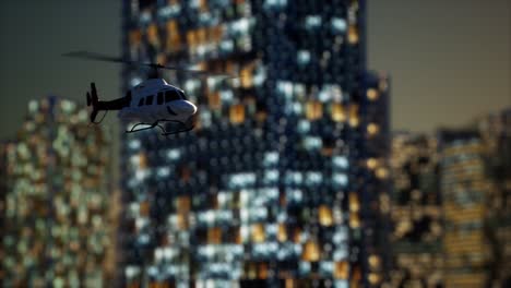 Helicóptero-A-Cámara-Lenta-Cerca-De-Rascacielos-Por-La-Noche