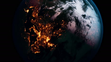 Planeta-Tierra-Visto-Desde-El-Espacio-Por-La-Noche-Mostrando-Las-Luces-De-Los-Países