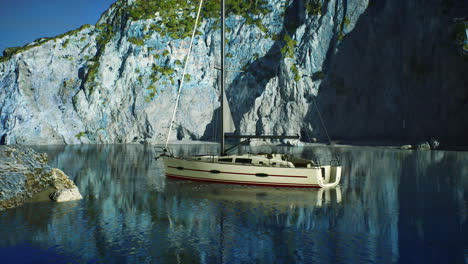 White-yacht-anchored-in-a-bay-with-rocky-cliffs