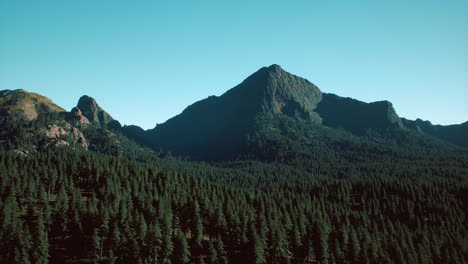 panoramic-aerial-view-of-rocky-ridge-among-green-forest-at-sunset