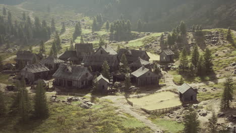 Old-wooden-village-on-the-rocky-mountain-background