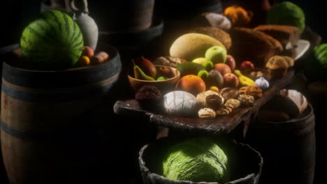 food-table-with-wine-barrels-and-some-fruits,-vegetables-and-bread
