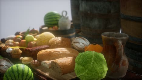 Esstisch-Mit-Weinfässern-Und-Etwas-Obst,-Gemüse-Und-Brot