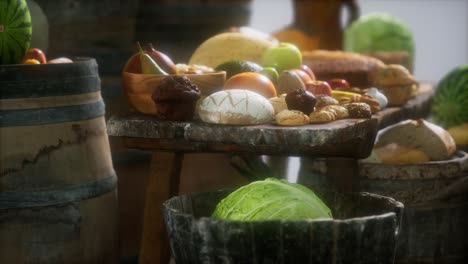 food-table-with-wine-barrels-and-some-fruits,-vegetables-and-bread