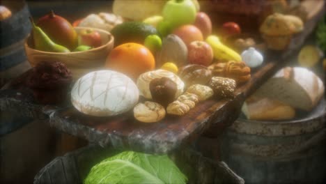 Esstisch-Mit-Weinfässern-Und-Etwas-Obst,-Gemüse-Und-Brot