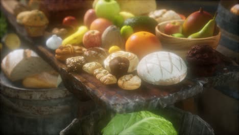 Mesa-De-Comida-Con-Barriles-De-Vino-Y-Algunas-Frutas,-Verduras-Y-Pan
