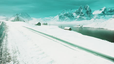 Atemberaubende-Winterlandschaft-Mit-Traditionellen-Norwegischen-Holzhäusern