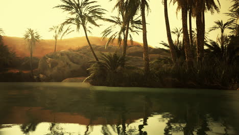 Colorful-scene-with-a-palm-tree-over-a-small-pond-in-a-desert-oasis