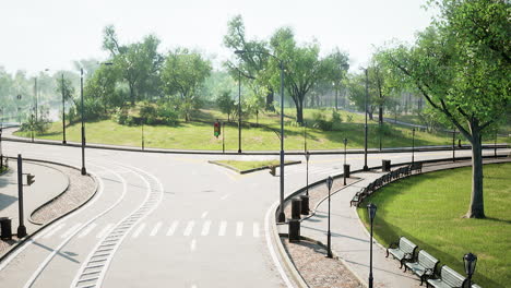 Asphalt-road-and-green-trees-in-park