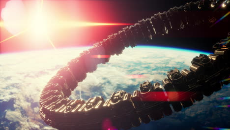 Sehr-Detailliertes-Riesiges-Raumschiff,-Das-Sich-Der-Erde-Nähert