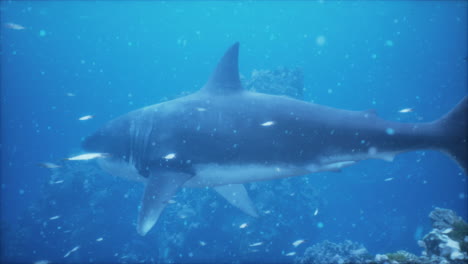 Ein-Großer-Weißer-Hai-Schwimmt-Nahe-Der-Oberfläche-Vor-Der-Küste