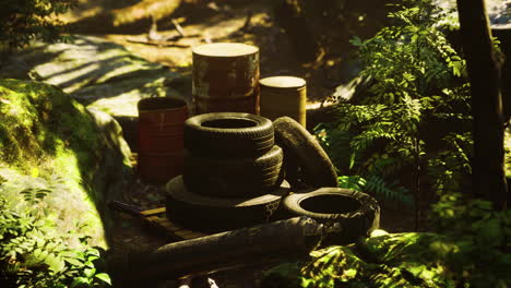 old-used-wheels-in-the-tropical-forest-as-pollution-concept