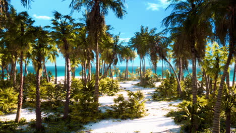 Paradise-landscape-of-tropical-beach-with-calm-ocean-waves-and-palm-trees