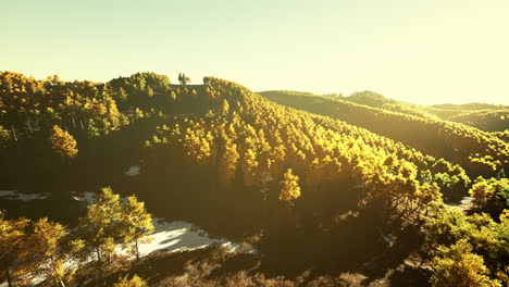 Vista-Sobre-El-Bosque-De-Otoño-En-Las-Montañas-Y-El-Cielo-Azul-De-Suiza