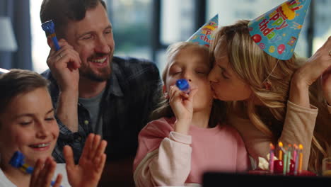 Family-congratulating-girl-virtual-party.-Parents-kids-having-online-party