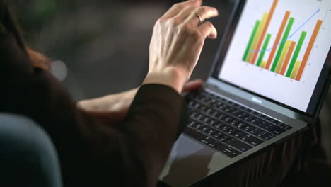 Business-woman-hand-pointing-on-graphs-at-laptop-screen.-Laptop-computer-screen