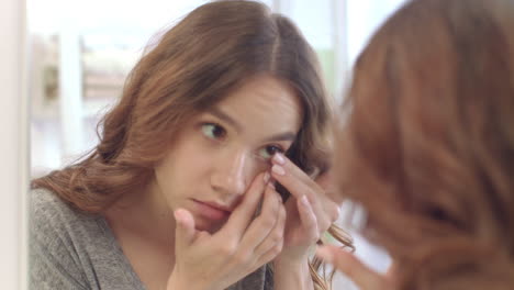 Young-woman-removing-contact-lenses-for-eyes-at-mirror-in-home-bathroom