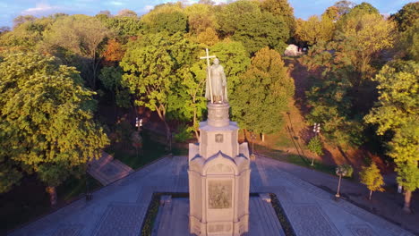 Drone-view-statue-saint-Prince-Vladimir-with-christian-cross-in-summer-park