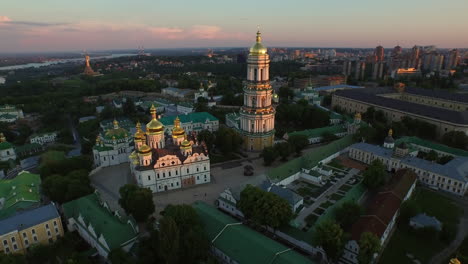 Aerial-view-Kiev-Pechersk-lavra-on-evening-sunset.-Mother-Motherland-landscape