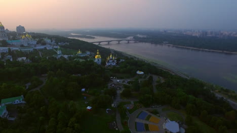 Aerial-view-Kiev-Pechersk-Lavra-on-evening-sky-landscape.-Panoramic-city-view