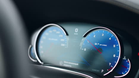 Closeup-tachometer-showing-number-of-revs.-Pointer-displaying-number-of-revs