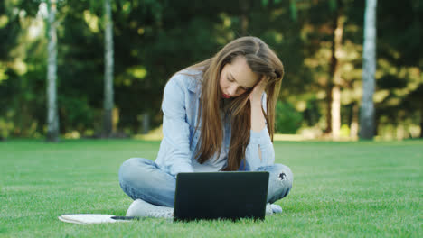 Focused-woman-using-notebook-for-working-online-on-green-grass-in-summer-park