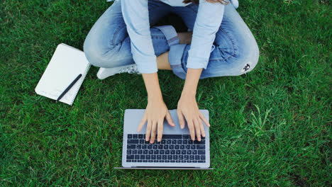 Top-view-woman-typing-on-notebook-keyboard-while-working-on-green-grass-in-park