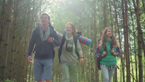 Young-tourists-with-rucksacks-walking-through-forest-laughing-at-each-other