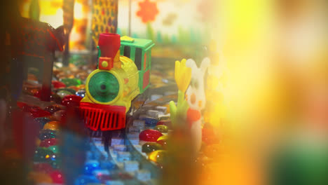 Miniature-steam-train-model-on-railways-in-toy-shop-showcase