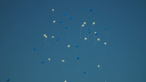 Feiertagsballons,-Die-In-Den-Blauen-Himmel-Fliegen.-Weiße-Und-Blaue-Geburtstagsballons-Im-Himmel