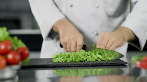 Chefkoch-Schneidet-Essen-In-Der-Küche.-Nahaufnahme-Des-Chefkochs,-Der-Salat-Mit-Einem-Messer-Schneidet.