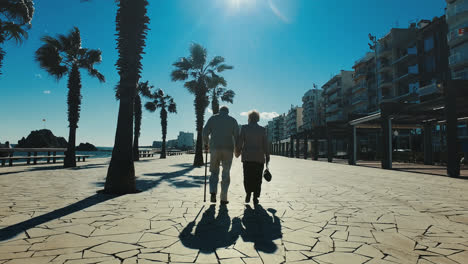 Elderly-couple-walking-on-seafront-promenade.-Back-view-senior-couple