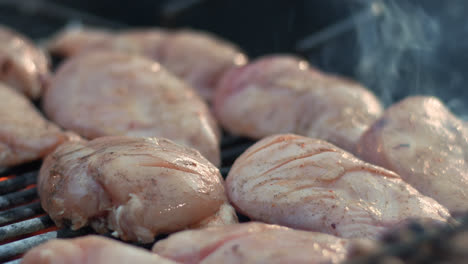 Close-up-raw-chicken-fillet-roasting-on-grill-outdoor.-Gilling-turkey-breasts.