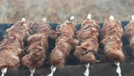Closeup-pork-kebabs-cooking-on-grill-outdoor.-Bbq-meat-grilling-on-charcoal