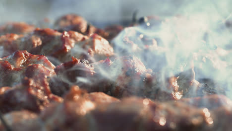 Closeup-smoking-meat-on-barbecue-grill-outdoor.-Smoked-bbq-grilling-over-grill